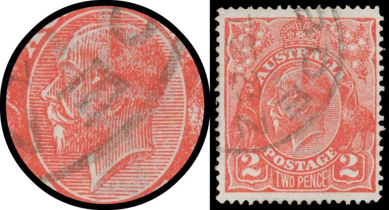 TWO PENCE SCARLET: 2d scarlet with Retouched King's Face BW #96(14)e, well centred, light 'COBDEN/7SE23/VIC' cds partly obstructs the variety, Cat $400. Michael Drury Certificate (2015).