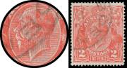 TWO PENCE SCARLET: 2d scarlet with Retouched King's Face BW #96(14)e, well centred, light 'COBDEN/7SE23/VIC' cds partly obstructs the variety, Cat $400. Michael Drury Certificate (2015).