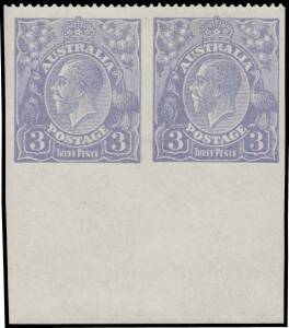 THREE PENCE DULL BLUE DIE I: 3d dull blue marginal pair from the base of the sheet Imperforate Three Sides BW #102b (SG 79), very lightly mounted & "as fresh as a daisy", Cat $15,000 (£11,000). Superb! This is the finest pair we have seen. It is vastly su