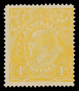 FOUR PENCE ORANGE: 4d lemon-yellow with the Watermark Inverted BW #110Ca, overall gum toning but apparently unmounted, Cat $1500 (mounted): see Four Pence Varieties Tabulation in the 2007 Edition at pages 4/259 & 260. [There were a number of errors in the