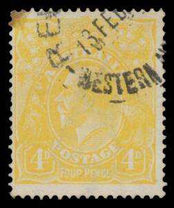 FOUR PENCE ORANGE: 4d lemon-yellow with the Watermark Inverted BW #110Ca, corner stain at upper-left, Beverley (WA) cds, Cat $750: see Four Pence Varieties Tabulation in the 2007 Edition at pages 4/259 & 260. A very early RPSofV Certificate "No C/A 20" (u