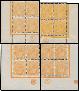FOUR PENCE ORANGE: 4d orange set of Monogram blocks of 4 BW #110(1)z & zb and #110(2)z & zb on exhibit page, the Plate 1 'CA' block is a bit aged, a few minor perf separations/rejoins but all four lower pairs are unmounted, Cat $4000+ as mounted corner pa