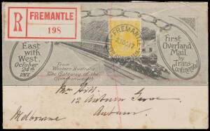 FOUR PENCE ORANGE: 4d lemon-yellow on illustrated East-West Railway cover, superb 'FREMANTLE/23OC17/WESTN AUSTRALIA' cds & large red/white registration label, Melbourne transit & superb 'HAWTHORN' arrival b/s, some spotting & flap faults, Cat $600 on cove