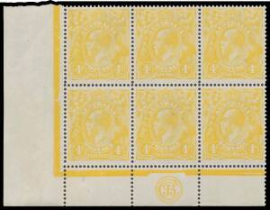 FOUR PENCE ORANGE: Plate 1: 4d lemon-yellow 'JBC' Monogram block of 6 (3x2) BW #110C(1)z, well centred, a few separated perfs, unmounted, Cat $5400++ as normal singles. A very rare & desirable block. Michael Drury Certificate (2015) as "lime-yellow".
