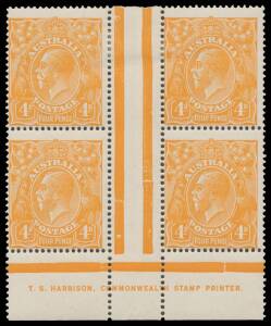 FOUR PENCE ORANGE: 4d orange One-Line Harrison Imprint block of 4 BW #110H(1)zd, the lower units are unmounted, Cat $7500+ (mounted). A very rare & desirable imprint block. [Julian Sterling's similar block sold for $4575]