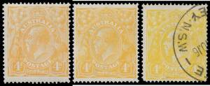 FOUR PENCE ORANGE: Plate 2: 4d orange with Line through 'FOUR PENCE' on scarcer shades 4d buff-orange & 4d yellow-orange BW #110F & I(2)r, both lightly mounted, and on 4d lemon-yellow BW #110C(2)r, very fine used, Cat $2850: see Four Pence Varieties Tabul