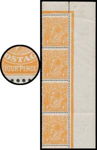 FOUR PENCE ORANGE: 4d orange vertical strip of 6 from the upper-right corner of the sheet, the second unit with Line through 'FOUR PENCE' BW #110H(2)r (SG 22e), minor gum-side blemishes, the first unit mounted otherwise unmounted, Cat $1000++ (&pound;500++) mou