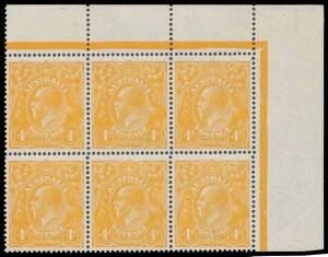 FOUR PENCE ORANGE: 4d bright orange with the Watermark Inverted BW #110Aa (SG 22w) corner block of 6 from the upper-right corner of the sheet, the last unit with Line through 'FOUR PENCE' BW #110A(2)r (SG 22e) but without the listed varieties on [6] & [11