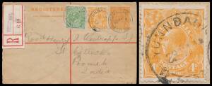 FOUR PENCE ORANGE: 4d orange with Line through 'FOUR PENCE' BW #110(2)r (plus &frac12;d green for the war tax) tied to KGV 4d Registration Envelope to a missionary in India by 'YUNNDAGA/22NO18/WESTN AUST' cds that slightly impinges on the variety, 'YUNNDAGA' h/s