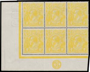 FOUR PENCE ORANGE: 4d lime-yellow 'JBC' Monogram block of 6 (3x2) BW #110D(2)z, well centred, a few split/rejoined perfs at the top, minor overall aging that doesn't affect the very fine facial appearance, the three lower units are unmounted, Cat $12,750+