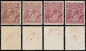 1920-21 FOUR PENCE COLOUR TRIALS: 1920 (Dec 31) 4d Perf 14 colour trials in brown-purple shades on thick ungummed unwatermarked paper each with an identifying letter in red ink on the reverse, comprising "B" "C" "D" and "N", well centred, the last with mi