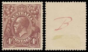 1920-21 FOUR PENCE COLOUR TRIALS: 4d colour trial in brown-purple (brown) endorsed on the reverse "B" in red, Cat $20,000.