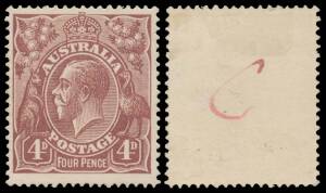 1920-21 FOUR PENCE COLOUR TRIALS: 4d colour trial in warm brown-purple (bright brown) endorsed on the reverse "C" in red, Cat $20,000.