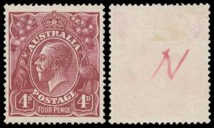 1920-21 FOUR PENCE COLOUR TRIALS: 4d colour trial in warm red-purple (deep reddish purple) endorsed on the reverse "N" in red, exceptional centring, Cat $20,000.