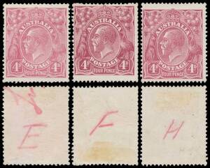 1920-21 FOUR PENCE COLOUR TRIALS: 1920 (Dec 31) 4d Perf 14 colour trials in reddish shades on thick ungummed unwatermarked paper each with an identifying letter in red ink on the reverse, comprising "E" "F" and "H", the second with slightly trimmed perfs 