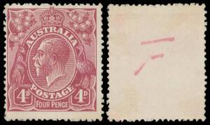 1920-21 FOUR PENCE COLOUR TRIALS: 4d colour trial in deep red-violet (reddish violet) endorsed on the reverse "F" in red, irregular perforations, Cat $20,000.