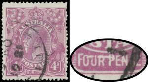 FOUR PENCE VIOLET: 4d violet with Line through 'FOUR PENCE' BW #111(2)r (SG 64a), a few short perfs & a small central hole that is not evident from the face still one of the more attractive used examples, indistinct NSW cds, Cat $12,000 (&pound;8000). Michael D