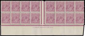 FOUR PENCE VIOLET: 4d violet Harrison One-Line Imprint block of 16 (8x2) BW #111(2)z with [R58] White Spot over 'FO' of 'FOUR' #111(2)vd, remarkably well centred for an imprint piece (especially one of this size), some perf separation/rejoining including 