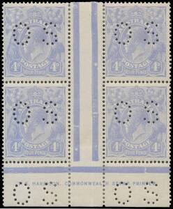 FOUR PENCE BLUE COOKE PLATES 4d dull ultramarine Harrison One-Line Imprint block of 4 BW #112(1)z punctured 'OS' with [L54] Thick '4' at Right #112(1)h, well centred, minor perf separation/rejoining, Cat $15,000+. 4d blue imprints are very rare and this i
