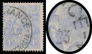 FOUR PENCE BLUE COOKE PLATES Plate 2: 4d pale ultramarine with Cracked Electro (False Ear) BW #112(2)ma, 'ESPERANCE/13JL23/WESTN AUSTRALIA' cds, Cat $2000. The ACSC states "Three mint and at least eight used copies have been recorded".