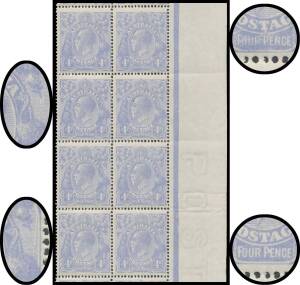 FOUR PENCE BLUE COOKE PLATES 4d dull ultramarine upper-right corner block of 12 (2x6) with Thin 'FOUR PENCE' Second State (Retouched & Deteriorating), Horned Emu, White Scratch behind Emu and 'PE' of 'PENCE' Joined BW #112(2)rb t v & va, the lower pair h
