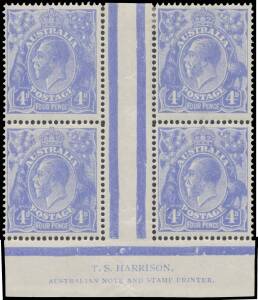 FOUR PENCE BLUE COOKE PLATES 4d bright ultramarine Harrison Two-Line Imprint block of 4 BW #112(2)za with [R60], a beautiful shade, well centred, the upper-right unit with perf separation/rejoining along the gutter, Cat $20,000+. A lovely example of the r