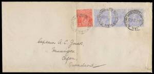 FOUR PENCE BLUE HARRISON PLATES: 4d dull ultramarine BW #113 horizontal strip of 3 + 2d scarlet tied to cover to Queensland by 'SHIP MAIL ROOM/18SE23/MELBOURNE' cds, minor blemishes, slightly reduced at left & opened-out, Cat $500++ for a single on cover.