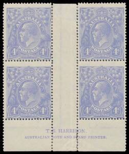 FOUR PENCE BLUE HARRISON PLATES: Plate 1: 4d ultramarine with the Watermark Inverted block of 4 with Harrison Two-Line Imprint BW #113aa(3)z, weak/separated perfs rejoined along the gutter at right, Cat $20,000: see note (2) on page 4/314. [Julian Sterlin