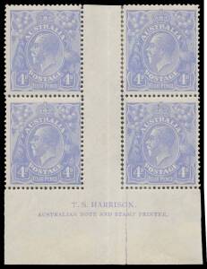 FOUR PENCE BLUE HARRISON PLATES: Plate 2: 4d ultramarine block of 4 with Harrison Two-Line Imprint BW #113(4)z, the right-hand pair separated including through the margin at base & rejoined, "suntanned" gum, Cat $15,000. [Stuart Hardy's fine block sold fo