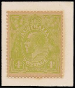 FOUR PENCE OLIVE: 4d Perf 14 colour trial in apple-green on Single Watermark paper BW #114PP(1), very well centred, a couple of short perfs, affixed to a small piece of low-grade thin card & stained because of that, Cat $20,000. Michael Drury Certificate 