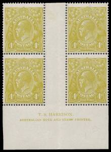 FOUR PENCE OLIVE: 4d olive Plate 3 Harrison Imprint block of 4 BW #114(3)z & Plate 4 No Imprint (Mullett) block of 4 #114(2)za with [R55] with Scar on King's Neck #114(2)n, both with the lower units unmounted, Cat $925 (mounted). (2 blocks)
