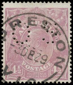 FOUR PENCE HALFPENNY VIOLET: 4&frac12;d violet with the Watermark Inverted punctured 'OS' BW #118a (SG O84w) with the Watermark Significantly Misplaced, superb 'PRESTON/3DE29/VIC' cds, Cat $20,000 (&pound;14,000). Michael Drury Certificate (2015). The ACSC states "At 