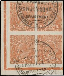 FIVEPENCE YELLOW-BROWN SINGLE-LINE PERF: 5d imperforate plate proof lower-left corner block of 4 [L49-50/55-56] in the issued colour on ungummed watermarked paper BW #122PP(3)A, margins large to enormous, cancelled with two strikes of the 36mm 'COMMONWEAL
