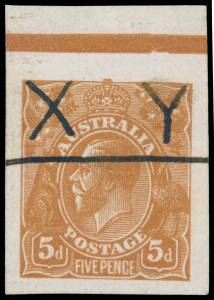 FIVEPENCE YELLOW-BROWN SINGLE-LINE PERF: 5d imperforate plate proof marginal single from the top of the sheet in the issued colour on ungummed stout horizontally laid paper BW #122PP(3)B, margins large to enormous, cancelled with manuscript "X Y" & a hori
