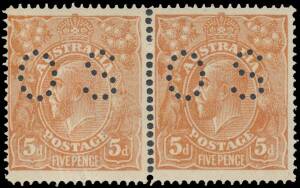 FIVEPENCE YELLOW-BROWN SINGLE-LINE PERF: 5d yellow-brown Printed on the Gum and with the Watermark Inverted punctured 'OS' BW #122c (SG O42b) horizontal pair, the left-hand unit with a couple of ironed-out creases, the right-hand unit is superb, both are 