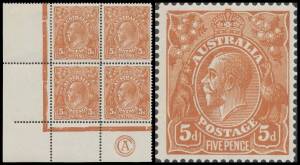 FIVEPENCE YELLOW-BROWN SINGLE-LINE PERF: 5d yellow-brown 'CA' - below [L56] - Monogram block of 4 with [L56 - the monogram unit - Second State] Damaged Upper-Left Corner and White ("Breakfast") Flaw in the King's Beard BW #122za, well centred, a few separ