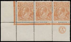 FIVEPENCE YELLOW-BROWN SINGLE-LINE PERF: 5d yellow-brown 'CA' - repositioned below [L57] - Monogram strip of 3 with listed varieties on all three units BW #122zbb, a trifle aged & with a few hinge remainders, Cat $8500+. Very rare: the ACSC states in the 
