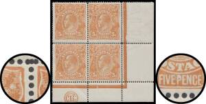FIVEPENCE YELLOW-BROWN SINGLE-LINE PERF: 5d yellow-brown 'JBC' Monogram block of 4 with listed Second State Varieties on the lower units BW #122zf, the lower units are unmounted, Cat $1200++ (mounted). The 'JBC' Monogram was the stay-at-home sibling, rema