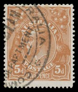 FIVEPENCE YELLOW-BROWN COMB PERF: 5d yellow-brown [1L33; White Spot on Roo's Tail], short corner perf at lower-right & minor tonespots, CTO with the same departmental cachet as used on the proof block in Lot 239, large-part o.g. Most unusual.