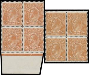 FIVEPENCE YELLOW-BROWN COMB PERF: 5d yellow-brown BW 123 (SG 23b/ba) two blocks of 4 in slightly different shades, one is marginal (the upper units very lightly mounted), unmounted, Cat $1350+ (&pound;216++, mounted) minimum.