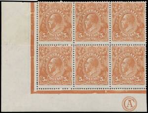 FIVEPENCE YELLOW-BROWN COMB PERF: 5d yellow-brown 'CA' Monogram block of 6 (3x2) BW #123z, separated/rejoined perfs at upper-left, some characteristic gum "bubbles", the lower units are unmounted, Cat $7500+. Another very rare monogram block. Here we go 