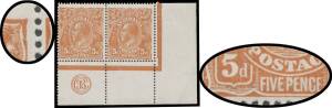 FIVEPENCE YELLOW-BROWN COMB PERF: 5d yellow-brown 'JBC' Monogram pair with varieties veb & vfa BW #123zb, unmounted, Cat $1250+ (mounted).