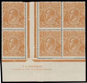 FIVEPENCE YELLOW-BROWN COMB PERF: 5d yellow-brown Harrison Two-Line Imprint block of 6 (3x2) BW #123zf with large margin & full imprint, [R56] with Bird Poop in the King's Hair #123vd, rejoined perfs below [R55] & repaired along a split in the margin, Cat