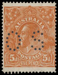 FIVEPENCE YELLOW-BROWN ON ROUGH PAPER SINGLE-LINE PERF: 5d yellow-brown punctured 'OS' (as always) BW #124 (SG O60), ironed-out vertical crease & no gum, Cat $7500 (&pound;4500) mint. Michael Drury Certificate (2015). The ACSC states that "between 15 & 20 mint 