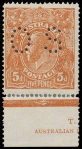 FIVEPENCE YELLOW-BROWN ON ROUGH PAPER SINGLE-LINE PERF: 5d yellow-brown punctured 'OS' part-imprint single BW #124 (SG O60), a few separated/rejoined perfs at the base, Car $7500+ (&pound;4500) or $22,500 for a part-imprint pair. Superb! Michael Drury Certifica