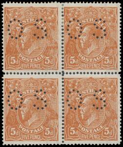 FIVEPENCE YELLOW-BROWN ON ROUGH PAPER SINGLE-LINE PERF: 5d yellow-brown punctured 'OS' BW #124 (SG O60) block of 4, unusually well-centred for this issue, a couple of very minor bends, very fresh & lightly mounted, Cat $30,000++ (&pound;18,000++) as singles. Ex