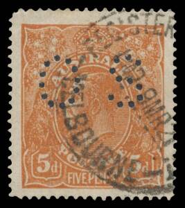 FIVEPENCE YELLOW-BROWN ON ROUGH PAPER SINGLE-LINE PERF: 5d yellow-brown punctured 'OS' BW #124 (SG O60) "jumbo" single with "railroad margins", 'REGISTERED ELIZABETH ST/9MR21/MELBOURNE' cds, Cat $250 (&pound;180). Superb! Michael Drury Certificate (2015).