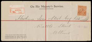 FIVEPENCE YELLOW-BROWN ON ROUGH PAPER SINGLE-LINE PERF: 5d yellow-brown punctured 'OS' with Damaged Upper-Right Corner (Advanced State) BW #124h well centred example tied to OHMS cover to Ultimo by light 'REGISTERED/4MY21/SYDNEY NSW' cds well clear of the