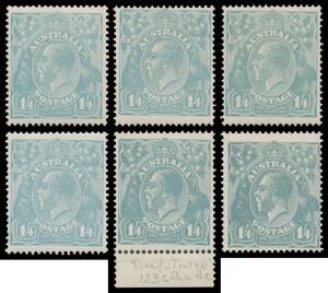 ONE SHILLING & FOURPENCE GREENISH BLUE: 1/4d greenish blue to turquoise standard gradation of shade x4 (two with minor hinge remainders, two very lightly mounted), plus the rare Deep Turquoise-Blue BW #128F (exceptional centring & unmounted but with "sunt
