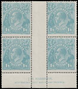 ONE SHILLING & FOURPENCE GREENISH BLUE: 1/4d deep turquoise-blue Harrison Imprint block of 4 BW #128Fz, an unusually bright & attractive shade, the upper units very lightly mounted, the lower units are unmounted, Cat $30,000+ (mounted): see Note 2 on page